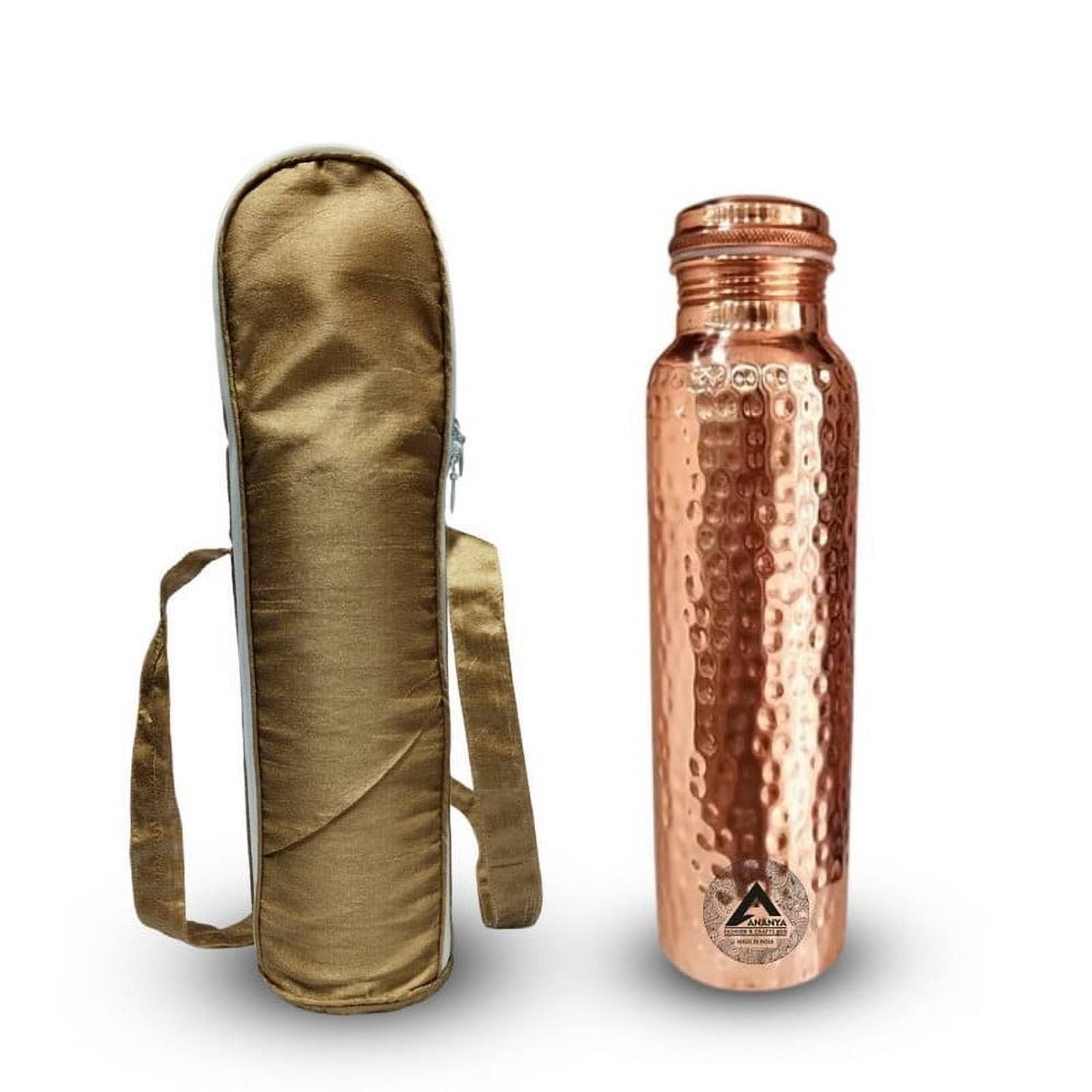 Set of 2 Hammered Pure Copper Water Bottle 950 ML With Dupion Carry Bag Ayurveda Health Benefits