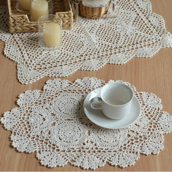 Set of 2 Hand Crochet Lace Dresser Scarves Coffee Table Runners Farmhouse Doily Placemats
