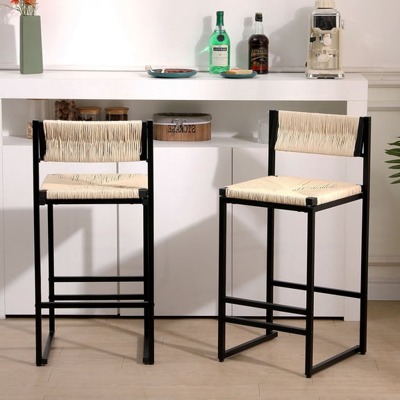 Set of 2 Hand Weave Bar Stool Set Natural Paper Rope Woven Seat Counter Height Chairs Farmhouse Style Furniture for Home & Office Dining Room