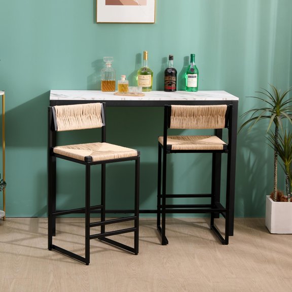 Set of 2 Hand Weave Bar Stool Set Natural Paper Rope Woven Seat Counter Height Chairs Farmhouse Style Furniture for Home & Office Dining Room