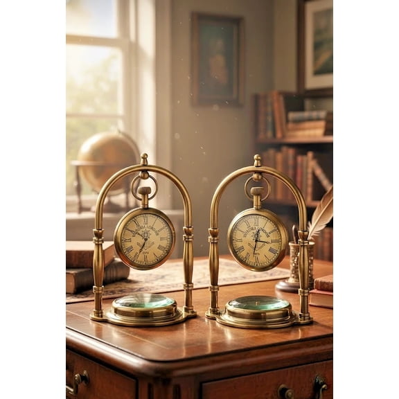 Set of 2 Handcrafted Brass Desk Clocks Vintage Style Table Decor Antique Grandmother, Grandfather, Birthday, Valentine Gift