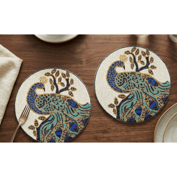 Set of 2 Handmade Beads placemats, Peacock Design Table-mats, Designer Charger Plates 13X13 Inch