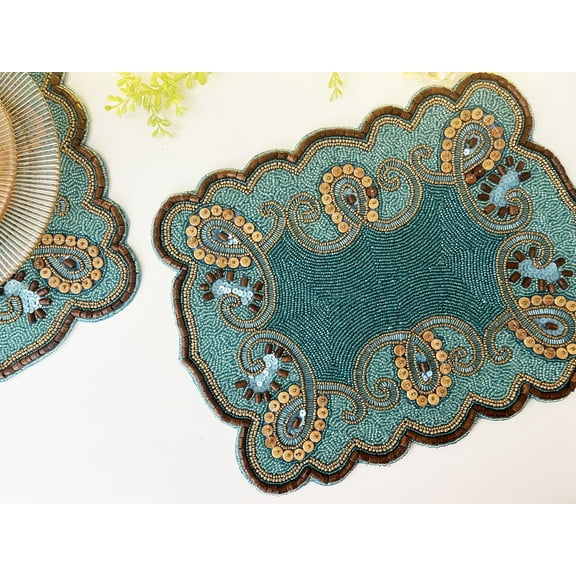 Set of 2, Handmade bead placemat, Teal bead and wooden bead, 13"x16"