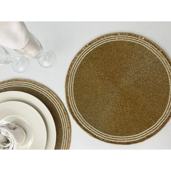 Set of 2, Handmade bead sequin placemat, 14 inch, golden charger plate