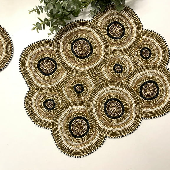 Set of 2, Handmade beaded placemat, beaded tablemat, 13x16 inch, gold bead charger placemats