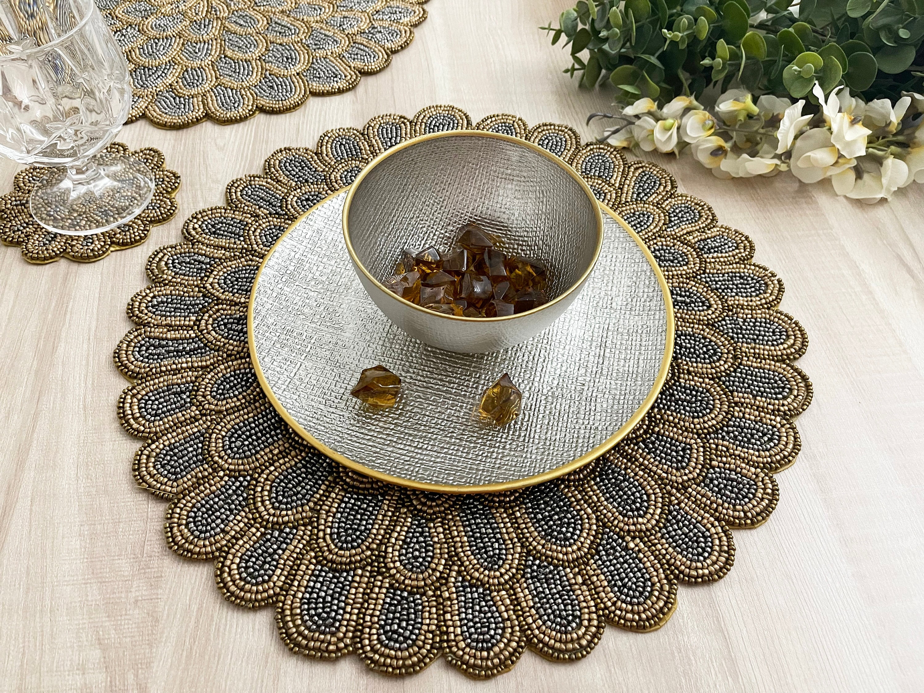 Set of 2, Handmade beaded placemat, gold and grey silver bead charger, tablemat, coasters