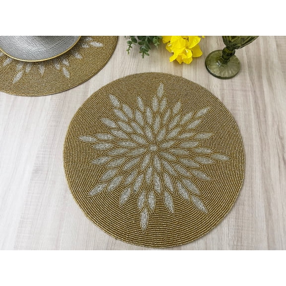 Set of 2, Handmade beaded placemat, tablemat, 14 inch, gold silver charger plate