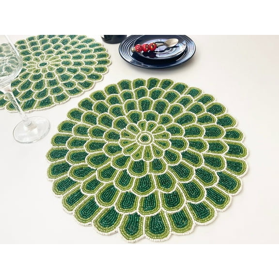 Set of 2, Handmade beaded placemat, tablemat, 14 inch, green bead charger