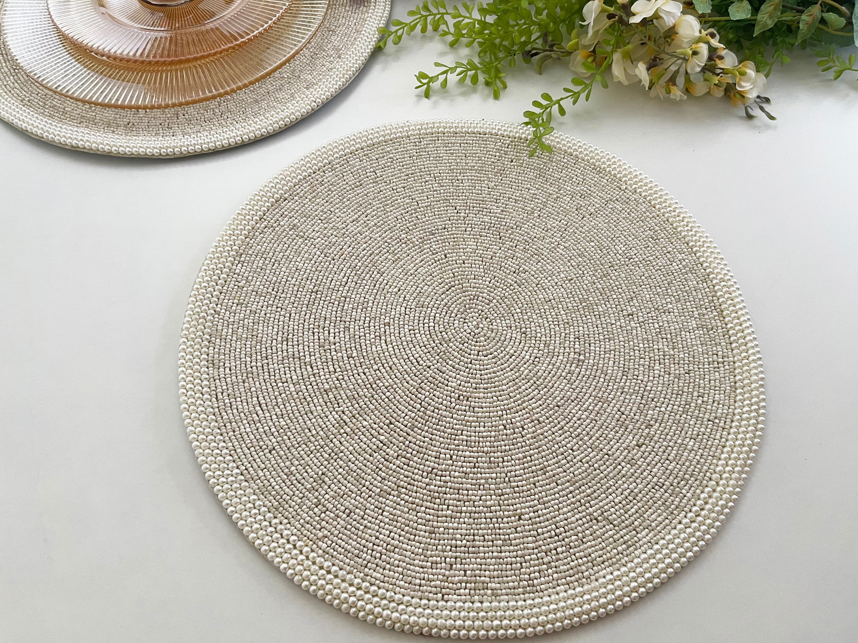 Set of 2, Handmade beaded placemat, tablemat, 14 inch, white, light cream charger plate, gift for her