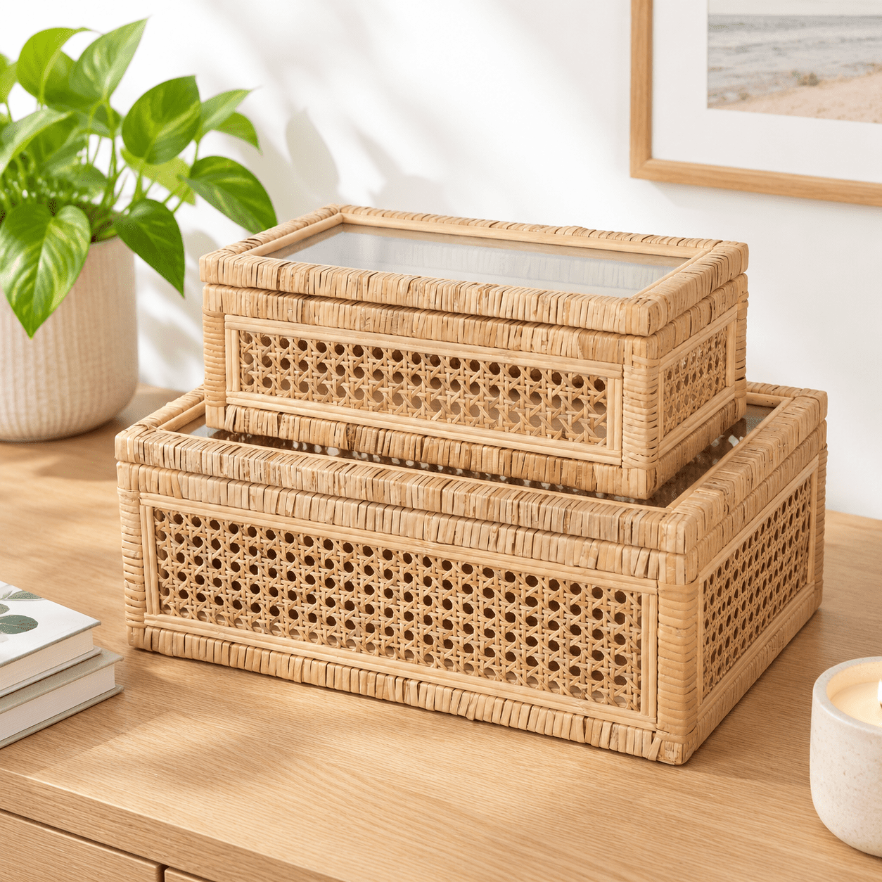 Set of 2 Handwoven Boho Rattan Display Boxes with Glass Lids - Walmart.com