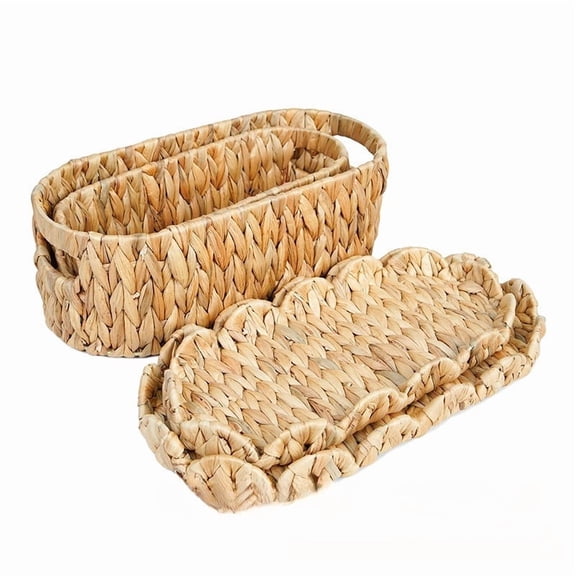 Set of 2 Handwoven Water Hyacinth Storage Baskets with Lids, Natural Grass Wicker Boxes for Home Organizer, Closet, Shelf Farmhouse Style