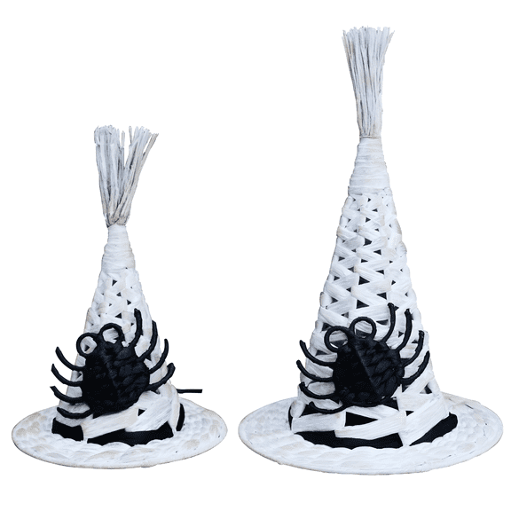 Set of 2 Handwoven White Witch Hat Decorations with Black Spider Accent Halloween Tabletop Decor