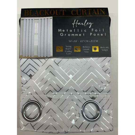 Set of 2, Harley Grommet Top Blackout Curtains with Metallic Foil Geometric Design, 84" Long