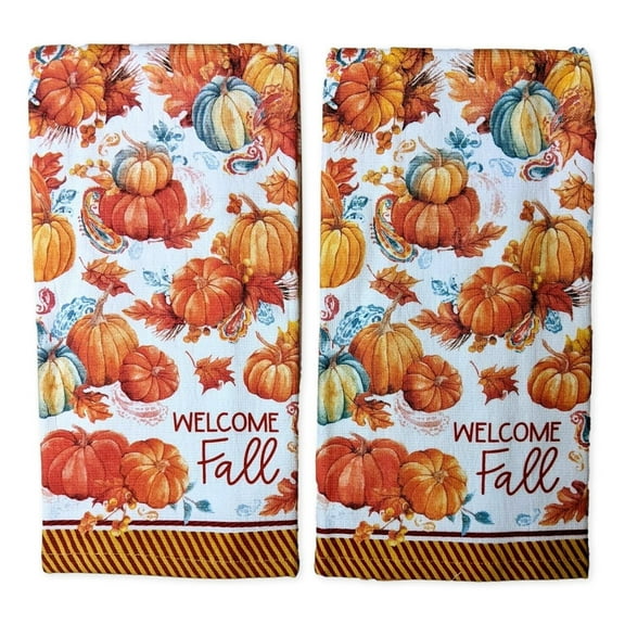 Set of 2 Harvest Pumpkins WELCOME FALL Terry Kitchen Towels by Kay Dee Designs