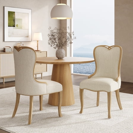 Set of 2 Heart-Back Wingback Upholstered Dining Chairs with Natural Rubber Wood Legs