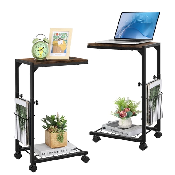 Set of 2 Height Adjustable C Table with Wheels, Rolling Side Table with Magazine Rack