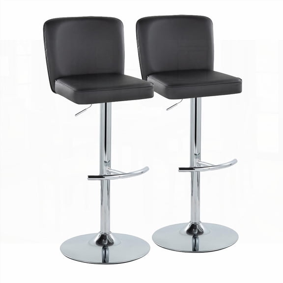 Set of 2 Henry Contemporary Barstools - Chrome Metal & Black Faux Leather with 360° Swivel and Rounded T Footrest