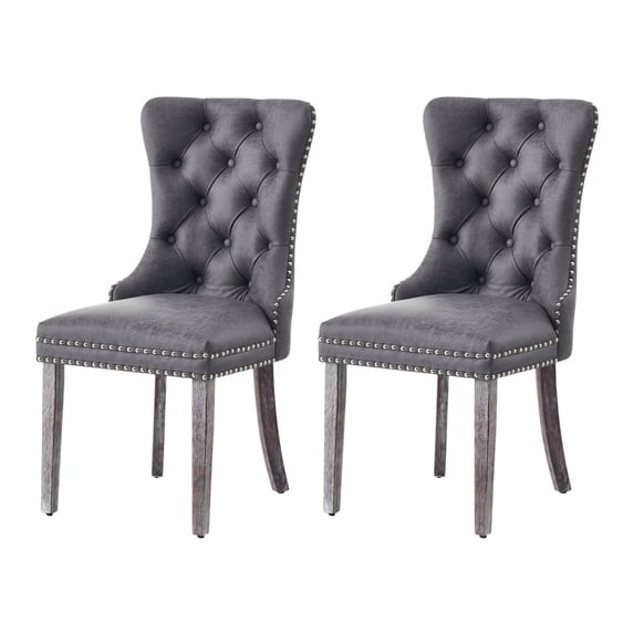 Set of 2 High Back Faux Leather Dining Chairs, Mid-Century Modern Accent Chairs with Nailhead Trim for Kitchen & Living Room(Grey)