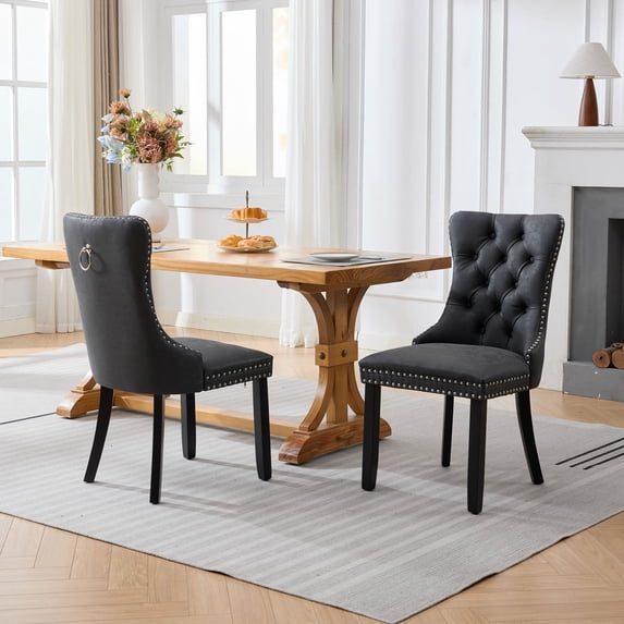 Set of 2 High Charcoal Black Dining Room Chairs in Textured PU Leather with Button Tufted and Nailhead Trim,Charcoal Black