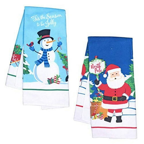 Set of 2 Holiday themed decorated towels, Santa and Snowman for kitchen bathroom dish towel decor