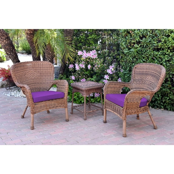 Jeco Windsor Honey Wicker Chair And End Table Set With Purple Chair Cushion