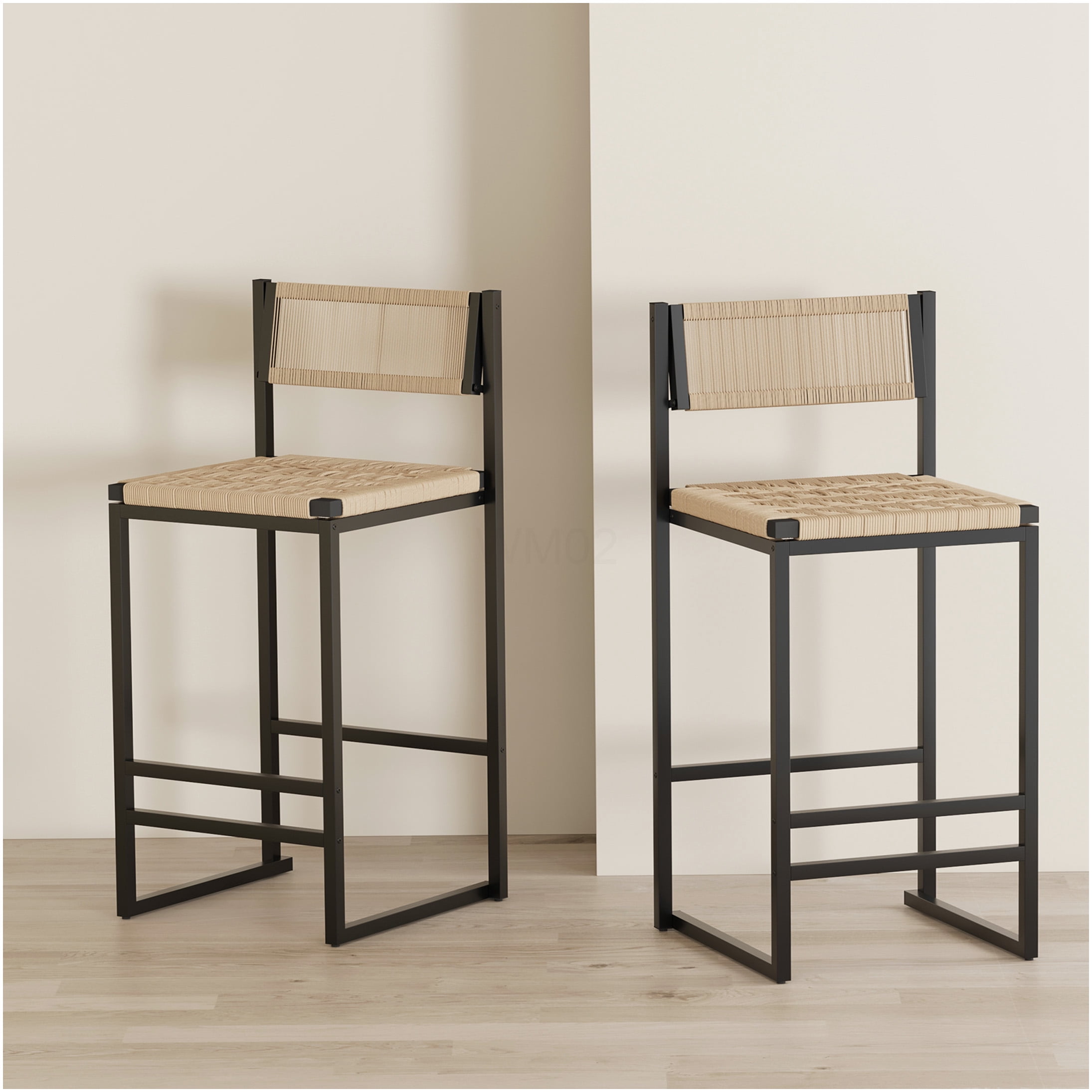 Modern Farmhouse Bar Stools Set of 2, Honey Woven Paper Rope Seat with ...