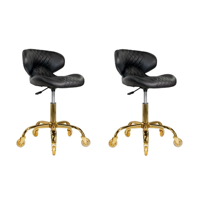 Set of 2 HugoII Nail Technician Stool Adjustable Height 19"-25", Rolling Chair for Nail Salon, Manicurist and Makeup Tattoo Studio, Black Gold