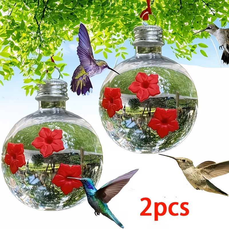 Set of 2 Hummingbird & Wild Bird Water Feeders, Circular Flower Design with 3 Openings, Weather-Resistant Plastic, Easy Clean, No Electricity