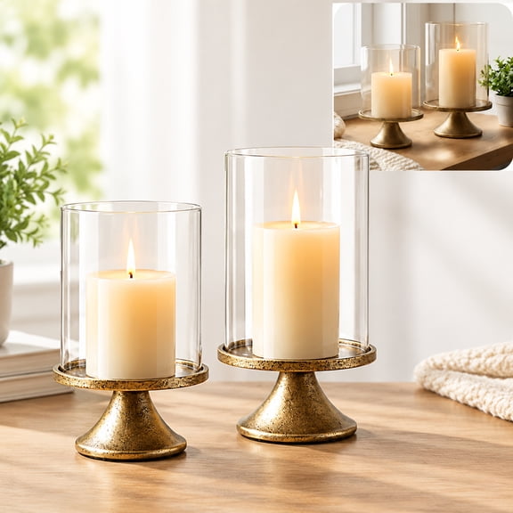 Set of 2 Hurricane Candle Holders with Clear Wind Shades, Vintage Tabletop Pillar Candle Decor, Brass Tone Finish