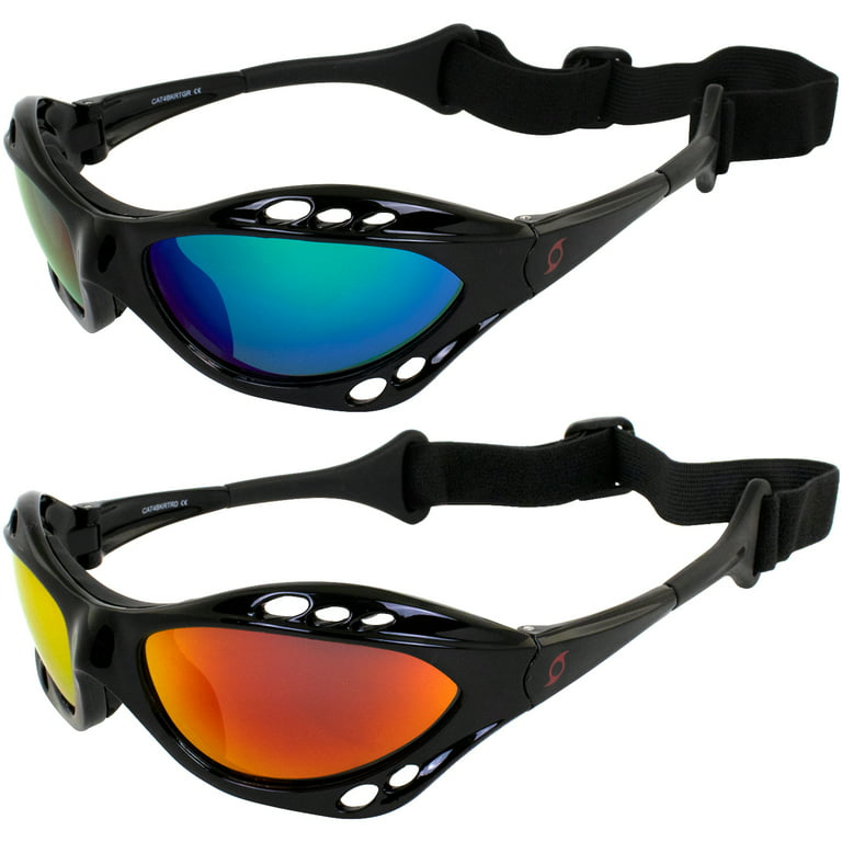 Set of 2 Hurricane Category 4 Polarized Water Sports Floating Goggles Foam  Padded Frames Red & Green Mirror ReflecTech Lenses 