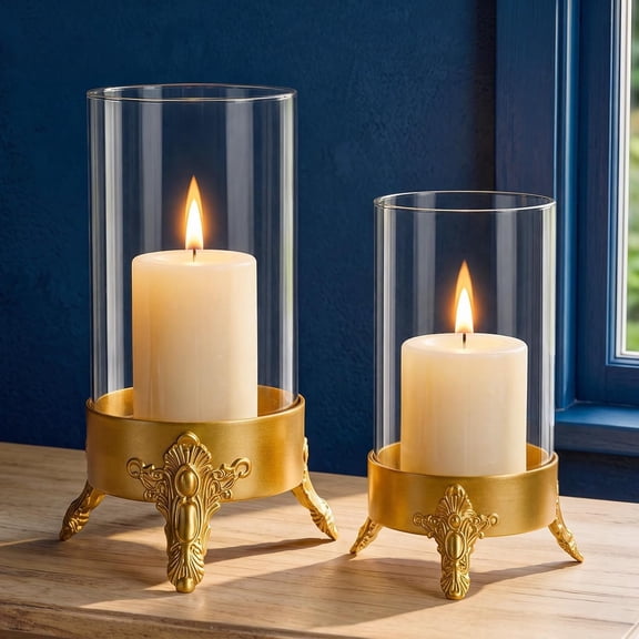 Set of 2 Hurricane Glass Candle Holder, Metal Base Halloween Decor