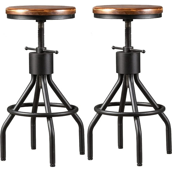 Set of 2 Industrial Bar Stool-Height Adjustable Swivel Wood and Metal Bar Stool,Farmhouse Stool,Extra Tall Pub Height,23"-29"