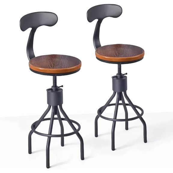 Set of 2 Industrial Bar Stools with Backrest 23-33inch Swivel Wooden Seat Kitchen Island Dining Chair Counter Stool Height Adjustable