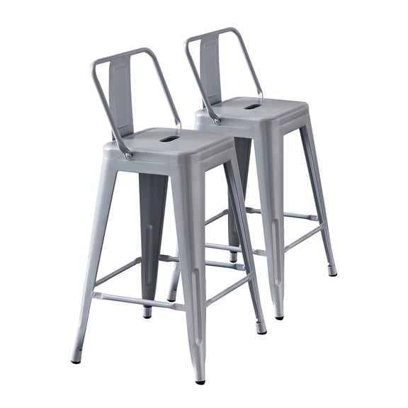 Set of 2 Industrial Barstools with Bucket Back, 24-Inch Seat Height, Antique Silver Metal Bar Stools for Kitchen Island, Rustic Coastal Style