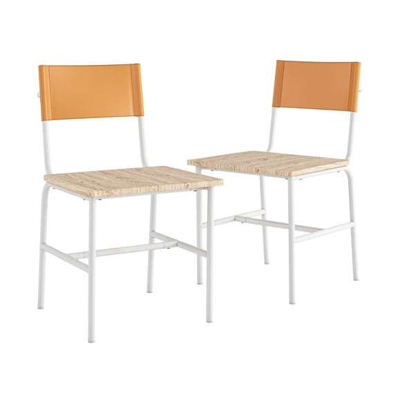 Set of 2 Industrial Dining Chairs - Brown Wood-Look Seat, White Finish - Modern Kitchen & Dining Room Seating, 18.5" x 23.4" x 32.4"