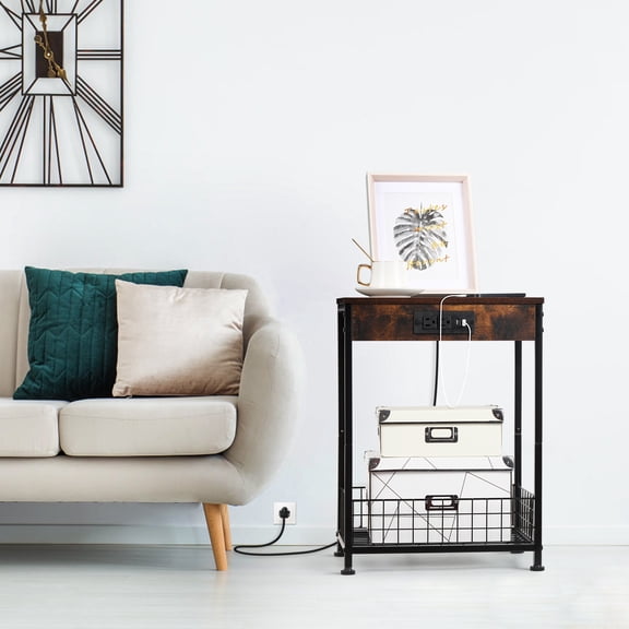 Set of 2 Industrial Nightstands with Charging Station, Rustic Brown End Tables with Open Shelf for Bedroom, Living Room