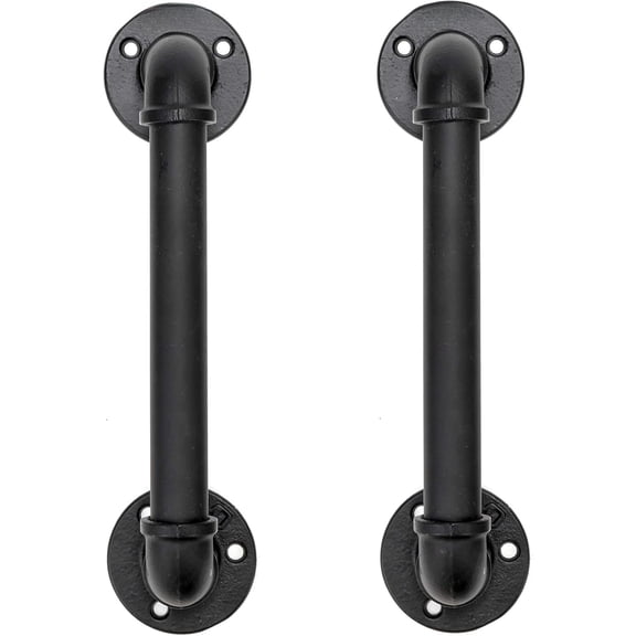 Set of 2 Industrial Pipe Door Pull Handle, Grab Bar, Towel Bar, Antique Rustic Cast Iron Handrail - Matte Black, 12 Inch