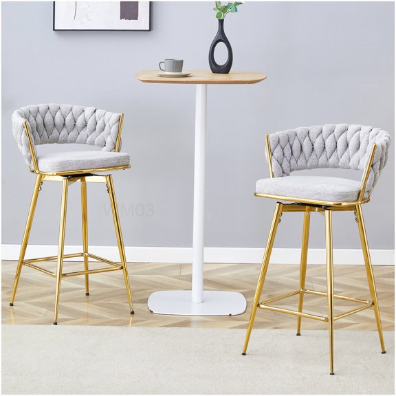 Set of 2 Industrial Swivel Bar Stools, 300LB Capacity Metal Frame with Breathable Cotton Linen Seat for Kitchen, Dining Room