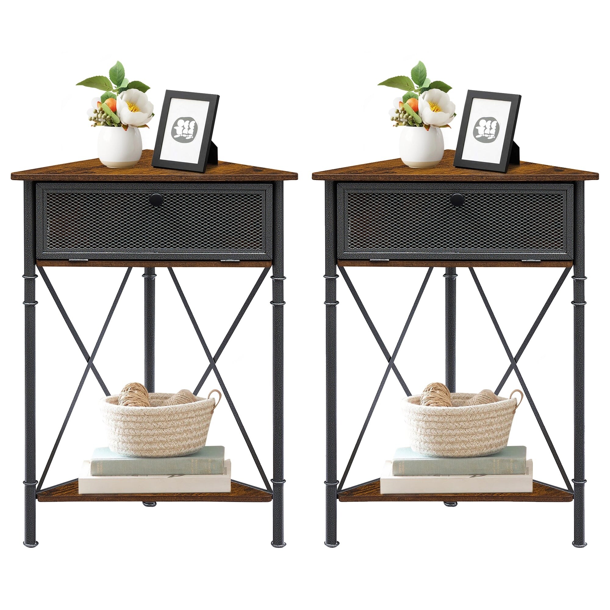Set of 2 Industrial Triangle Side Table Corner Table with Storage Shelf, Rustic Brown Rustic