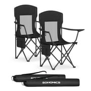 Camping Chairs, Outdoor Chairs Set of 2, Foldable Sports Chairs, High Back, Adjustable Armrests, Drink Holder, Weight Capacity 330 lb, Garden Backyard, Black