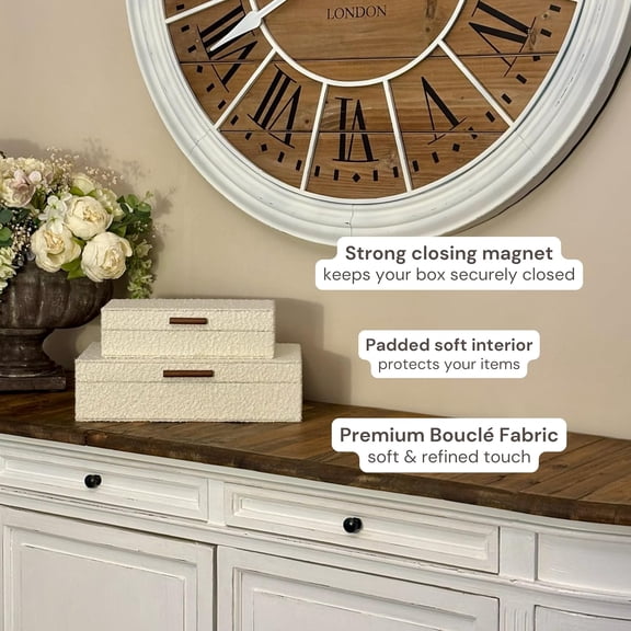 Set of 2 Ivory Boucl Fabric Decorative Boxes with Wooden Handles