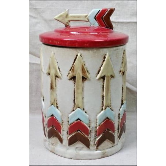 Set of 2 Ivory and Red Contemporary Style Round Arrow Jars 8.25"