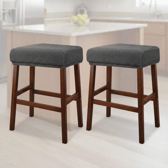 Set of 2 Jacquard Stretch Washable Stool Covers, Rectangular Vanity or Bar Stool Slipcovers with Elastic Bands for Bench Seat Protection in Dark Gray