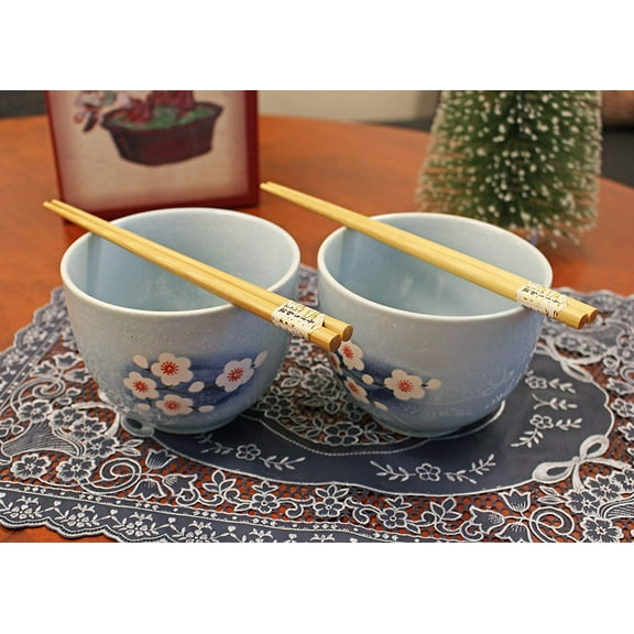 Set of 2 Japanese Porcelain Bowls w Chopsticks Blossom Pattern Soup Ramen Udon Home Decoration EJB F15751