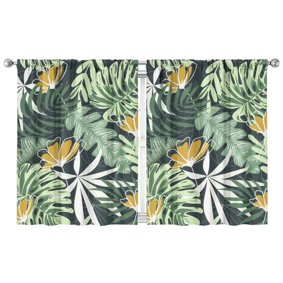 Set of 2 Jungle Leaves & Floral Kitchen Curtains, 42x54 Inch Tropical Hawaiian Print Semi-Sheer Tier Curtains for Modern Decor