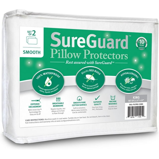 Set Of 2 King Size Sureguard Pillow Protectors - 100% Waterproof, Bed 