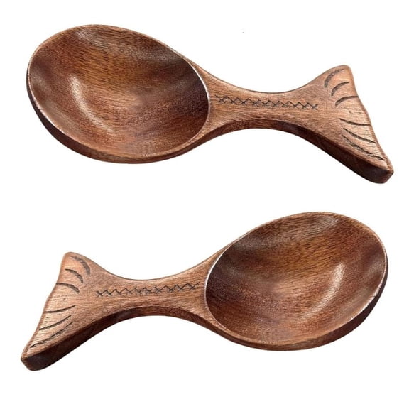 Set of 2 Kitchen Spoons Natural Wood Creative Fish Shape Design Serving Utensils