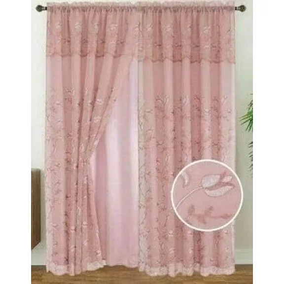Set of 2 Kylie Embroidered Sheer Curtain Panels with Attached Taffeta Backing and Valance, 84" Long