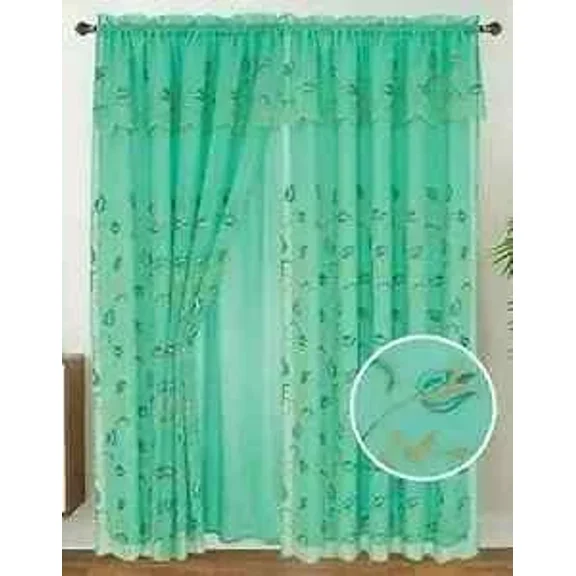 Set of 2 Kylie Embroidered Sheer Curtain Panels with Attached Taffeta Backing and Valance, 84" Long