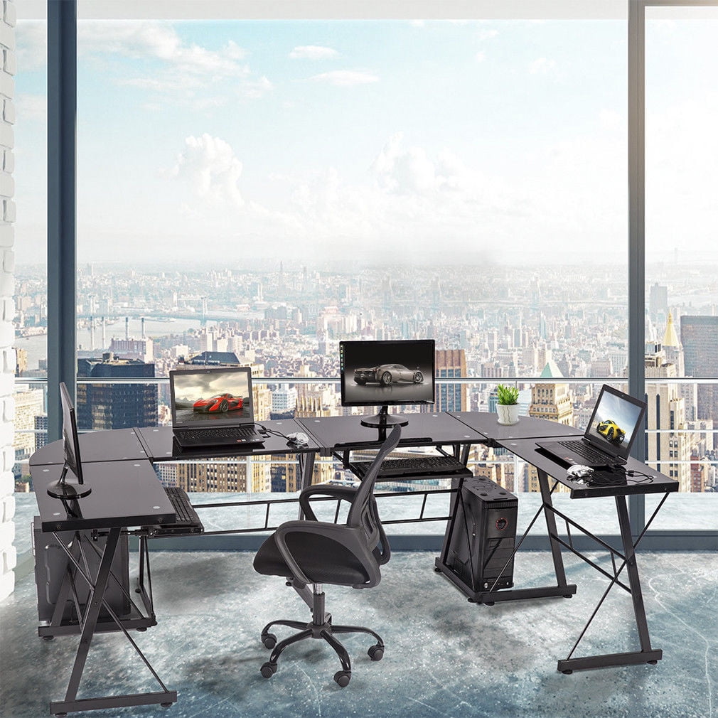 Set of 2 LShaped Desk Office Computer Glass Corner Desk with Keyboard